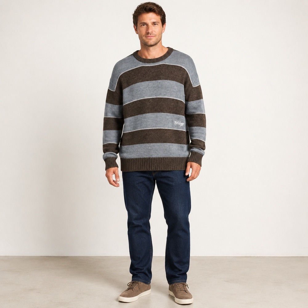 Billabong Men's XL Brown Gray Striped Wool Blend Crewneck Pullover Sweater